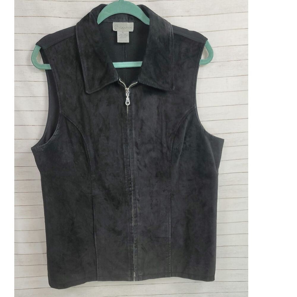 VINTAGE GANTOS 100% SUEDE LEATHER RIBBED FULLED ZIP VEST IN BLACK, SZ XL
